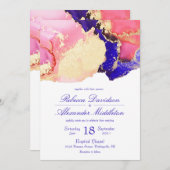 Elegante gouden roze en paarse inkwash bruiloft kaart (Voorkant / Achterkant)