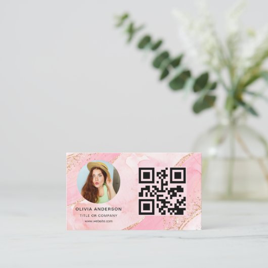 Elegante Gouden Roze Glitter QR Code Moderne foto Visitekaartje (Staand voorkant)