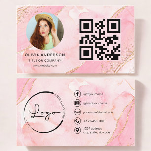 Elegante Gouden Roze Glitter QR Code Moderne foto Visitekaartje
