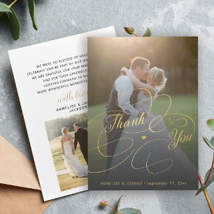 Elegante gouden schrift 2 foto's bruiloft bedankkaart