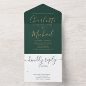 Elegante gouden schrift smaragdgroene trouw all in one uitnodiging (Binnen)