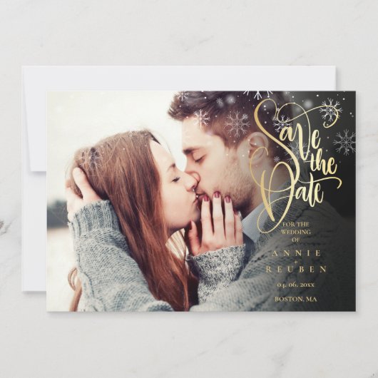 Elegante gouden schrift wintervlokken foto save the date (Voorkant)