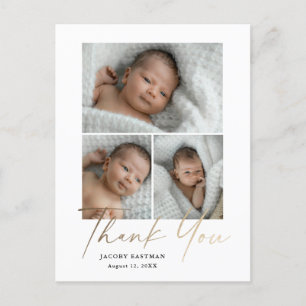 Elegante Gouden Script 3 Foto Baby Bedankt Briefkaart