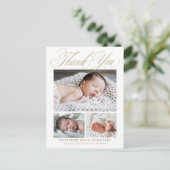 Elegante Gouden Script 3 Foto Baby Bedankt Briefkaart (Staand voorkant)
