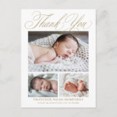 Elegante Gouden Script 3 Foto Baby Bedankt Briefkaart (Voorkant)