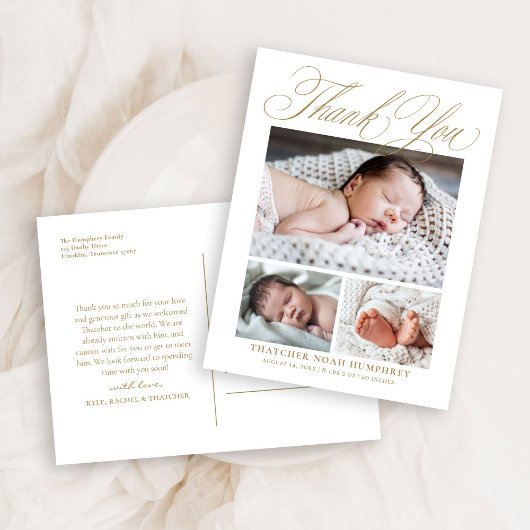 Elegante Gouden Script 3 Foto Baby Bedankt Briefkaart