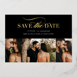Elegante Gouden Script 3 Foto Collage Save the Dat Folie Uitnodiging
