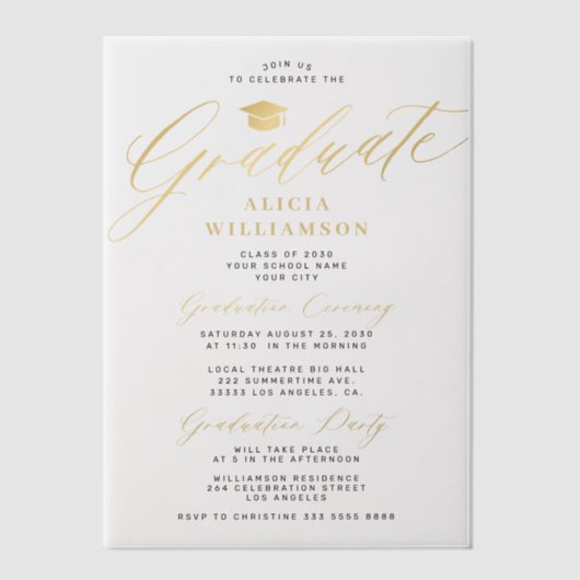 Elegante gouden script afstuderen partij overlay vellum uitnodigingen (Voorkant)