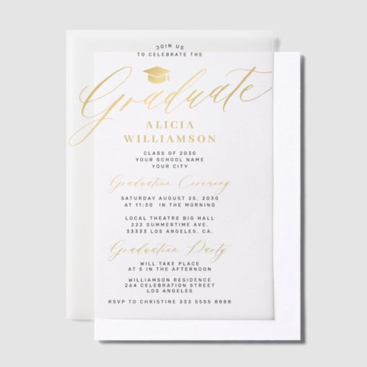 Elegante gouden script afstuderen partij overlay vellum uitnodigingen (Offset)