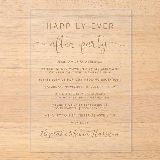 Elegante gouden script bruiloftsreceptie acryl uitnodigingen (Voorkant)