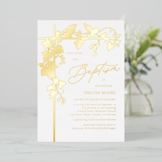 Elegante gouden script doop folie uitnodiging (Staand Voorkant)
