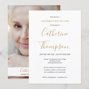 Elegante gouden script foto rouwadvertentie kaart