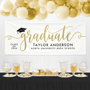 Elegante Gouden Script Geslaagd Wit Spandoek