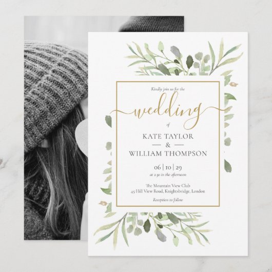 Elegante Gouden Script Groene Bladeren Foto Bruilo Kaart (Voorkant / Achterkant)