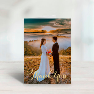 Elegante gouden script huwelijksfoto bedankkaart