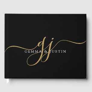 Elegante Gouden Script Initiaal Naam Monogram Zwar Gastenboek