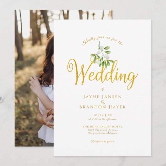 Elegante Gouden Script Mistletoe Foto Winter Huwel Kaart (Voorkant / Achterkant)