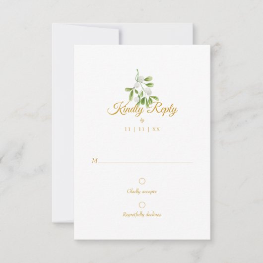 Elegante Gouden Script Mistletoe Winter Bruiloft R RSVP Kaartje (Voorkant)