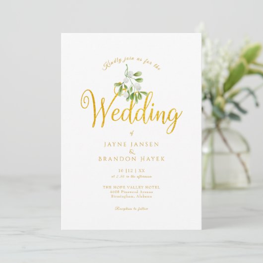 Elegante gouden script mistletoe wintertrouw kaart (Staand voorkant)