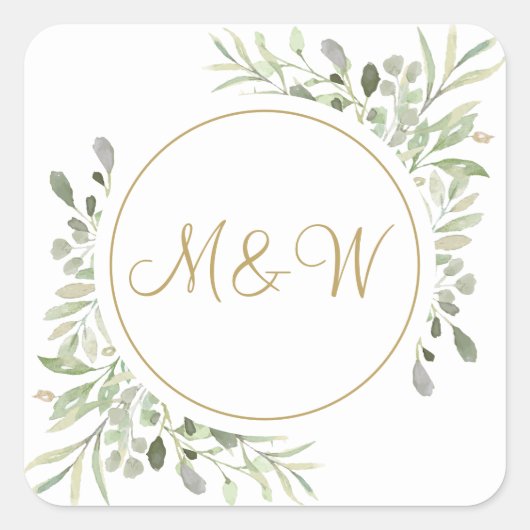 Elegante gouden script monogram initialen groen vierkante sticker (Voorkant)