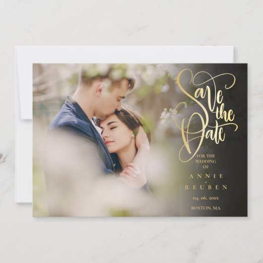 Elegante Gouden Script QR Code Foto Bruiloft Save The Date (Voorkant)