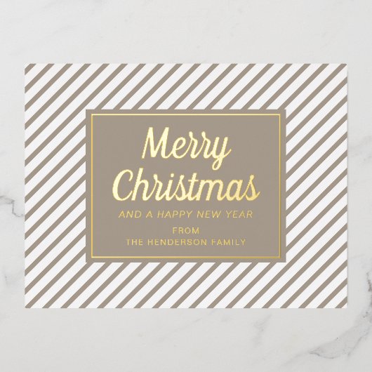 Elegante gouden script taupe strepen vrolijk kerst folie feestdagen briefkaart (Voorkant)