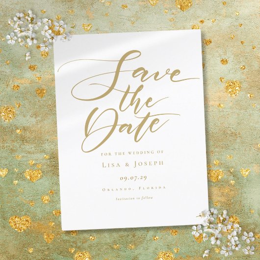 Elegante gouden script trouwkaart 'Save the Date' Aankondigingskaart
