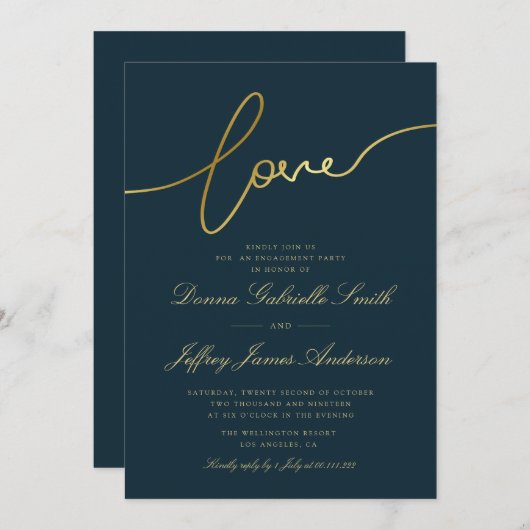 Elegante gouden script verlovingsfeest uitnodiging (Voorkant / Achterkant)