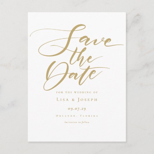 Elegante gouden scriptie bruiloft save the date aankondigingskaart (Voorkant)