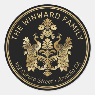 Elegante Gouden Sierlijke Pauw op Zwarte Adres Ronde Sticker