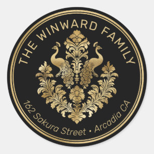 Elegante Gouden Sierlijke Pauw op Zwarte Adres Ronde Sticker