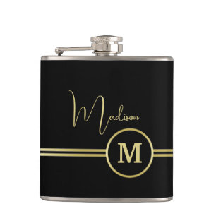 Elegante gouden signatuurmonogram op zwart heupfles