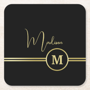 Elegante gouden signatuurmonogram op zwart vierkante kartonnen onderzetter