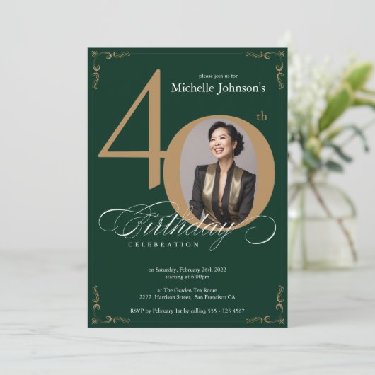 Elegante gouden smaragdgroene 40e verjaardag kaart (Staand voorkant)