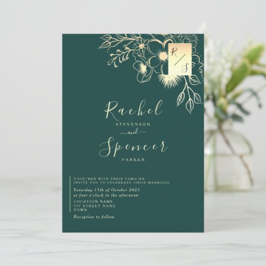 Elegante gouden smaragdgroene monogram bruiloft kaart (Staand voorkant)