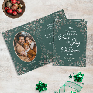 Elegante gouden sneeuwvlokken Peace Joy Green Foto Feestdagen Kaart