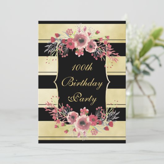 Elegante Gouden Strepen Bloemige Waterverf 100ste Kaart (Staand voorkant)