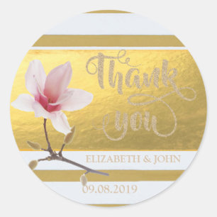 Elegante Gouden Strepen Magnolia Huwelijkssticker Ronde Sticker