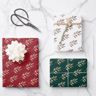 Elegante Gouden Tak Rood en Groen Kerstmis Inpakpapier Vel