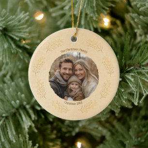 Elegante Gouden Takken Familie Foto Kerst Beige Keramisch Ornament