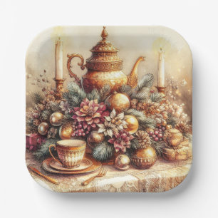 Elegante gouden theepot kerstpapier Bord