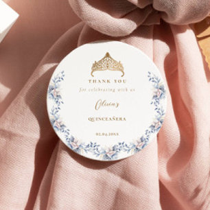 Elegante gouden Tiara Blauwe Bloemen Quinceañera Ronde Sticker