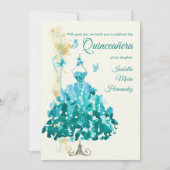 Elegante gouden & turquoise vlinders Quinceañera Kaart (Voorkant)