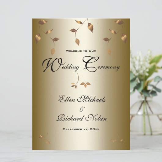 Elegante gouden vallende bladeren bruiloft programma (Staand voorkant)