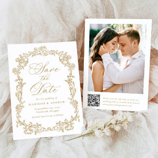 Elegante Gouden Victoriaanse Bloemencode QR Trouwf Save The Date