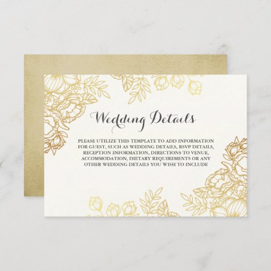 Elegante gouden vintage bloemige trouwdetails kaart (Voorkant / Achterkant)