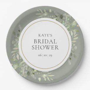 Elegante Gouden Waterverf Groene Bruiloftsdouche Papieren Bordje