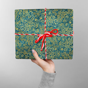 Elegante gouden wervelpatroon Boho Dusty Blue Cadeaupapier