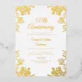 Elegante gouden witte bloem 50ste bruiloft Jubileu Folie Uitnodiging (Voorkant)