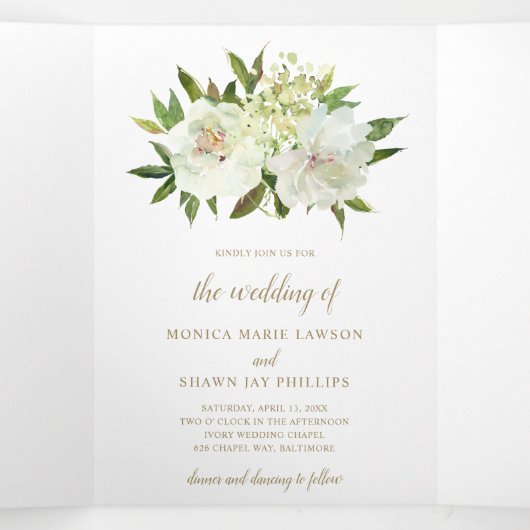 Elegante gouden witte bloem moderne bruiloft drieluik uitnodiging (Binnenkant midden)